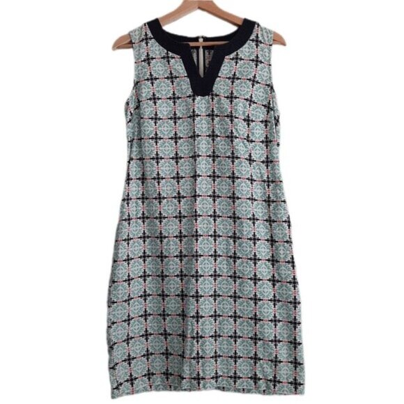 TALBOTS Linen Cotton Blend Wood Block Pattern Mini Shift Dress Mini Blue Sz 4 - Picture 2 of 15